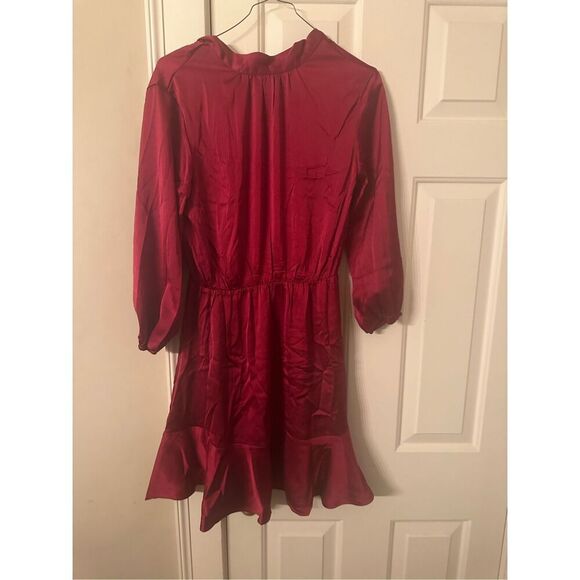 Burgundy size small Satin Short Dress Long Lantern Sleeve Ruffle A-Line Mini Dre - Picture 6 of 10